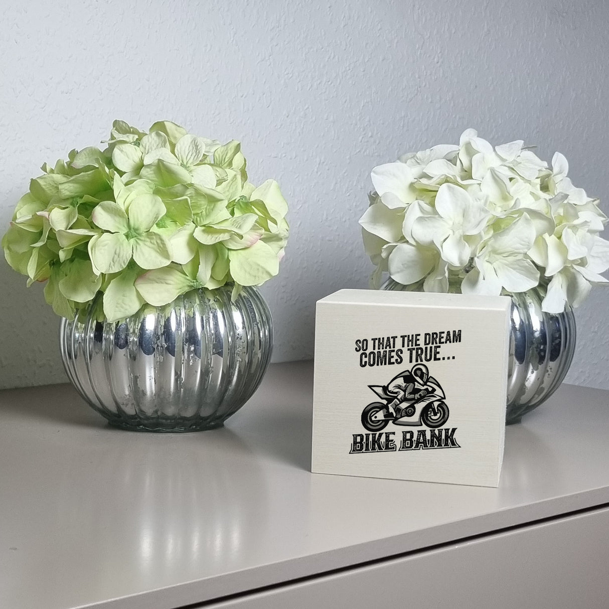 Bike Bank Spardose mit Spruch und Motorrad