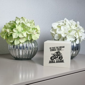 Bike Bank Spardose mit Spruch und Motorrad