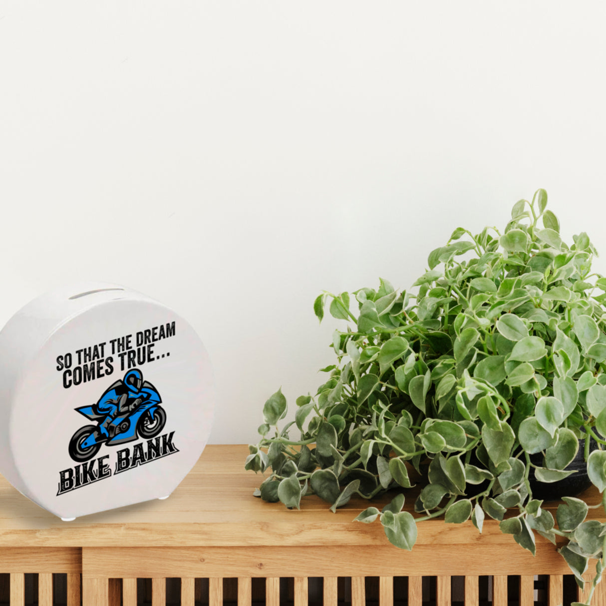 Bike Bank Spardose mit Spruch und Motorrad
