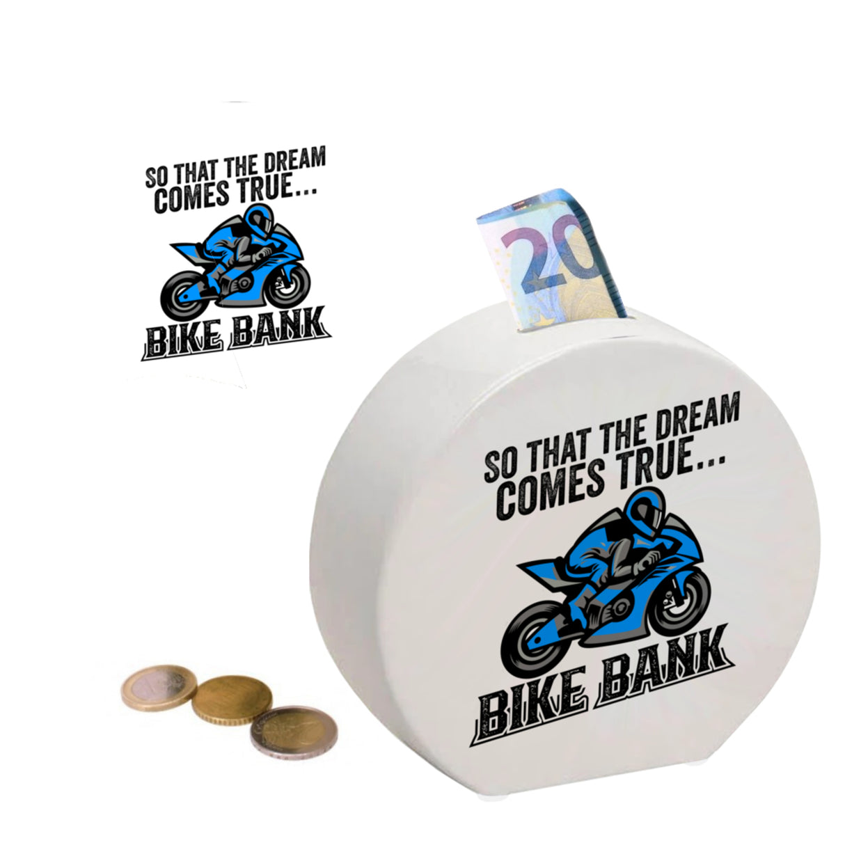 Bike Bank Spardose mit Spruch und Motorrad