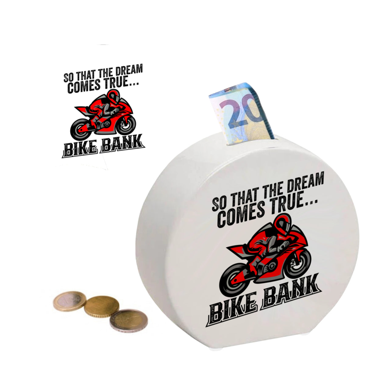 Bike Bank Spardose mit Spruch und Motorrad