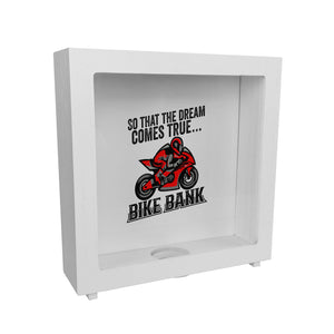 Bike Bank Spardose mit Spruch und Motorrad