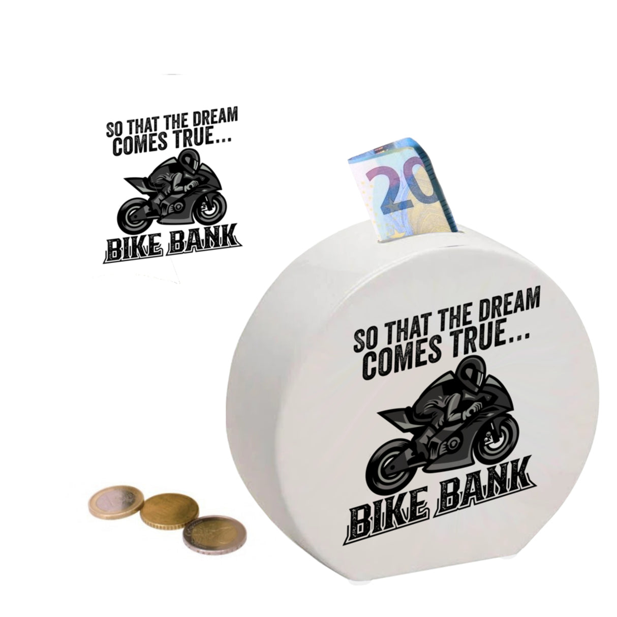 Bike Bank Spardose mit Spruch und Motorrad