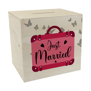 Just married Hochzeit Spardose mit pinkem Koffer