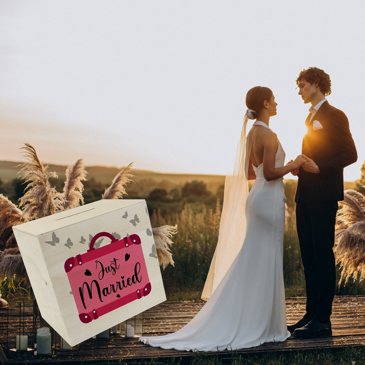 Just married Hochzeit Spardose mit pinkem Koffer
