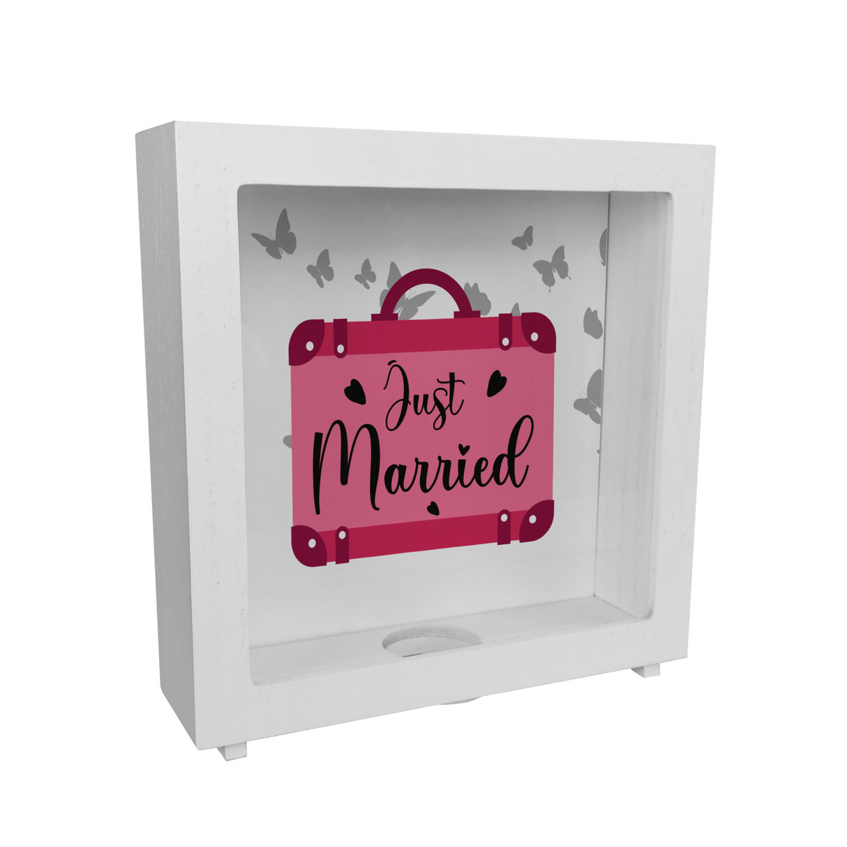 Just married Hochzeit Spardose mit pinkem Koffer