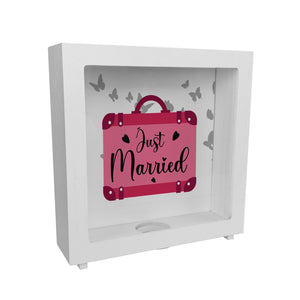 Just married Hochzeit Spardose mit pinkem Koffer