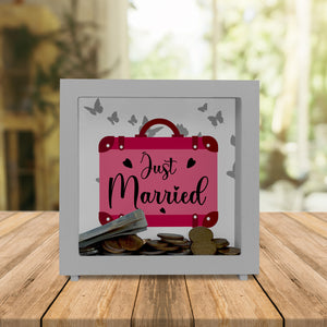 Just married Hochzeit Spardose mit pinkem Koffer