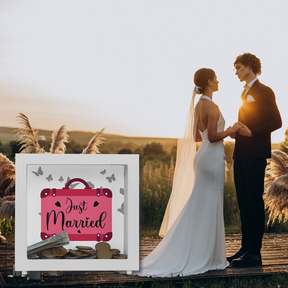 Just married Hochzeit Spardose mit pinkem Koffer