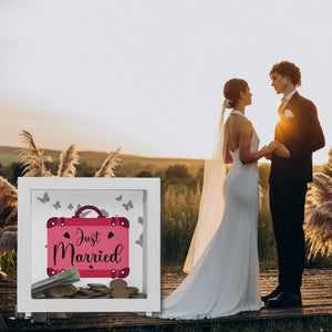Just married Hochzeit Spardose mit pinkem Koffer