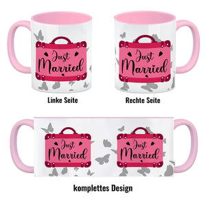 Just married Hochzeit Kaffeebecher mit pinkem Koffer