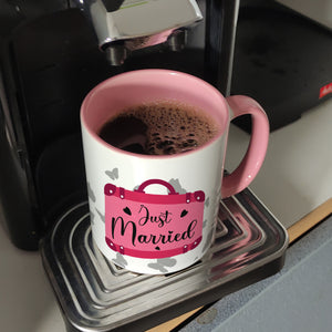 Just married Hochzeit Kaffeebecher mit pinkem Koffer