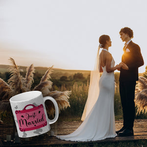 Just married Hochzeit Kaffeebecher mit pinkem Koffer
