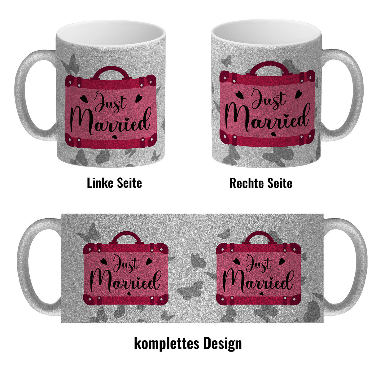 Just married Hochzeit Kaffeebecher mit pinkem Koffer