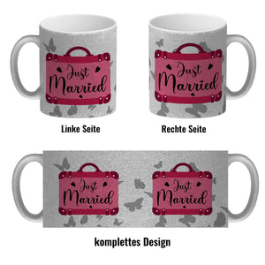 Just married Hochzeit Kaffeebecher mit pinkem Koffer