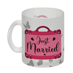 Just married Hochzeit Kaffeebecher mit pinkem Koffer