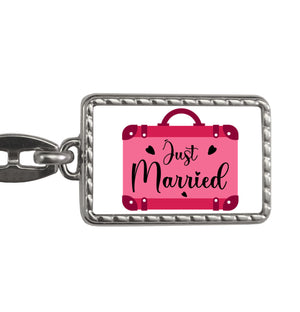 Just married Hochzeit Schlüsselanhänger mit pinken Koffer