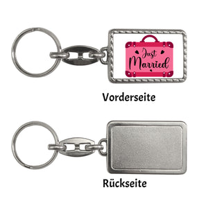Just married Hochzeit Schlüsselanhänger mit pinken Koffer