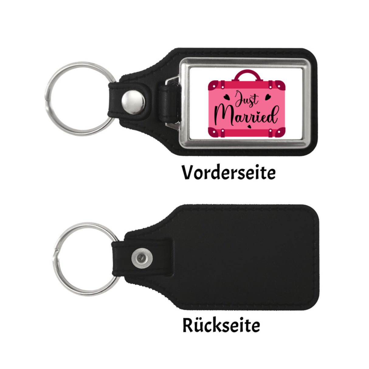 Just married Hochzeit Schlüsselanhänger mit pinken Koffer