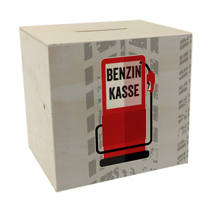 Benzinkasse Zapfsäule Spardose mit grauem Hintergrund