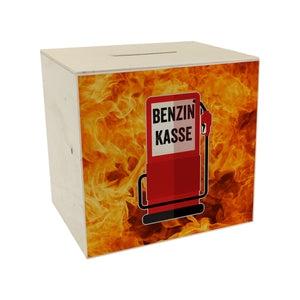Benzinkasse Zapfsäule Spardose mit grauem Hintergrund