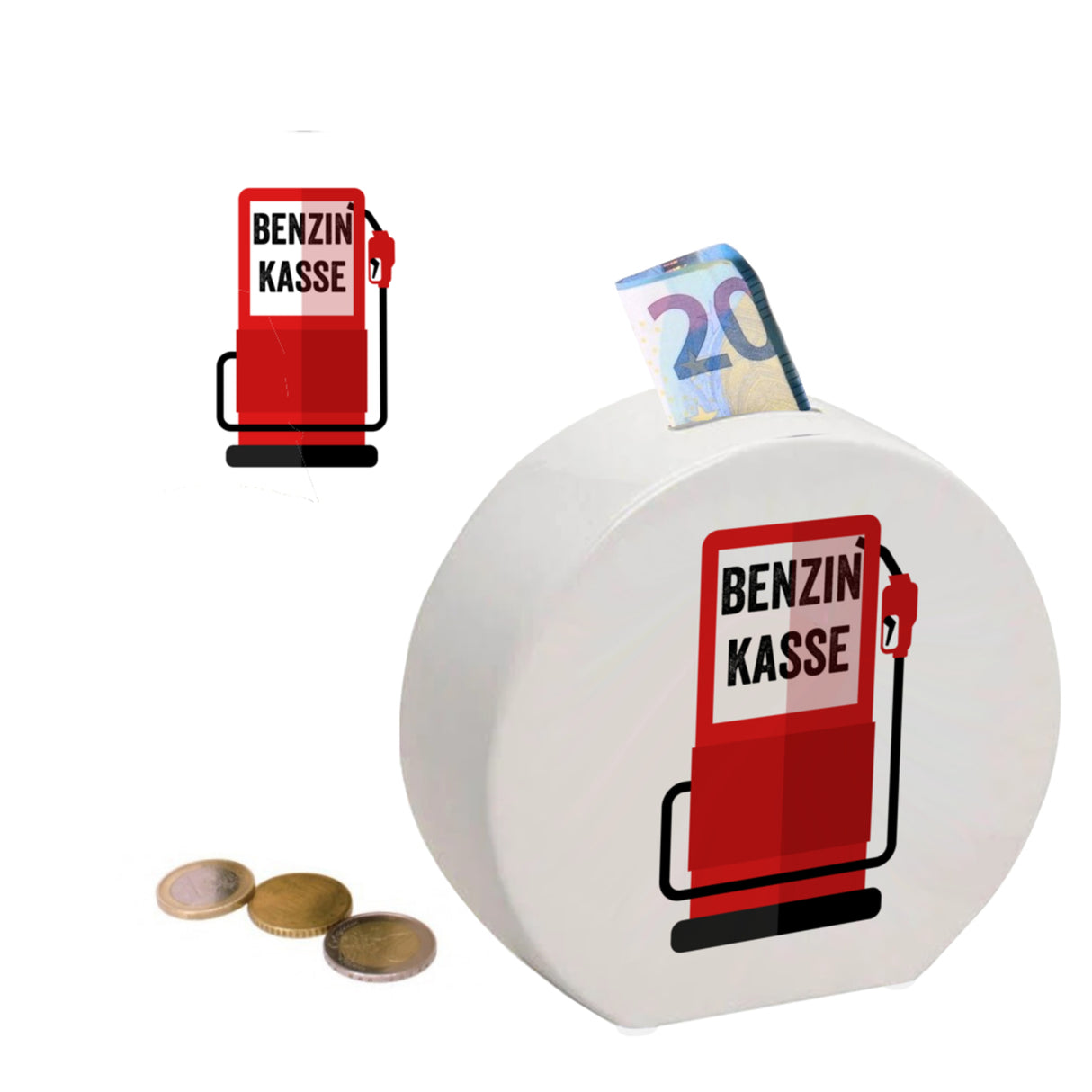 Benzinkasse Zapfsäule Spardose mit grauem Hintergrund