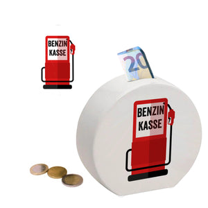 Benzinkasse Zapfsäule Spardose mit grauem Hintergrund