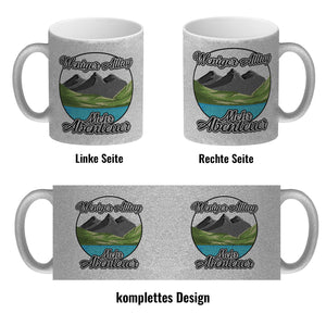 Berge und See Kaffeebecher mit Spruch Weniger Alltag mehr Abenteuer