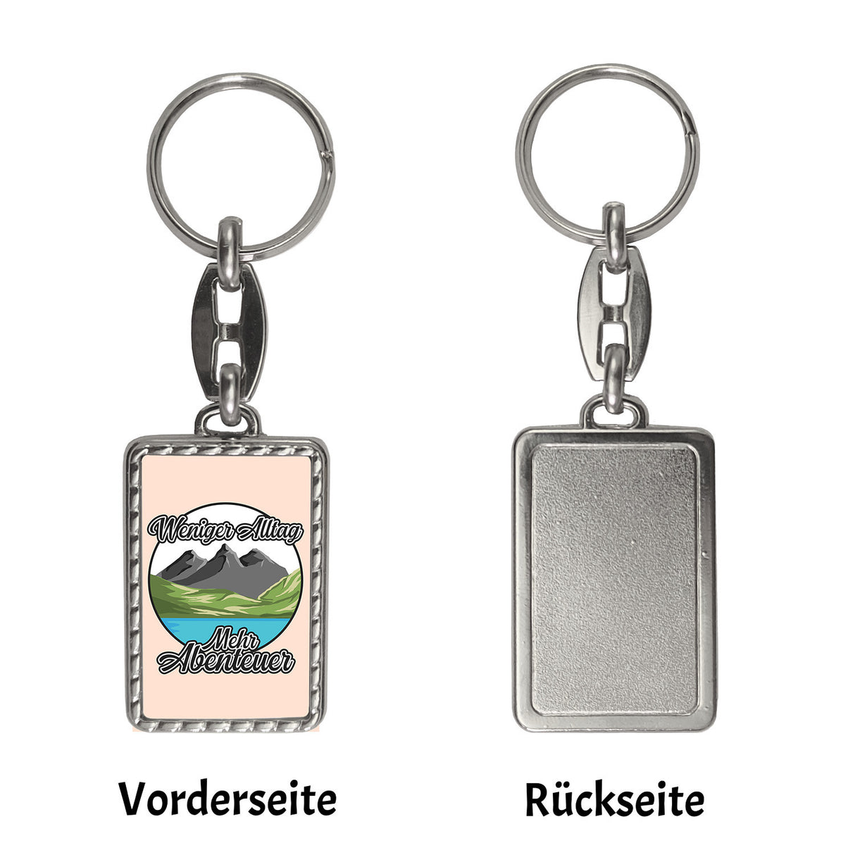 Berge und See Schlüsselanhänger mit Spruch Weniger Alltag mehr Abenteuer