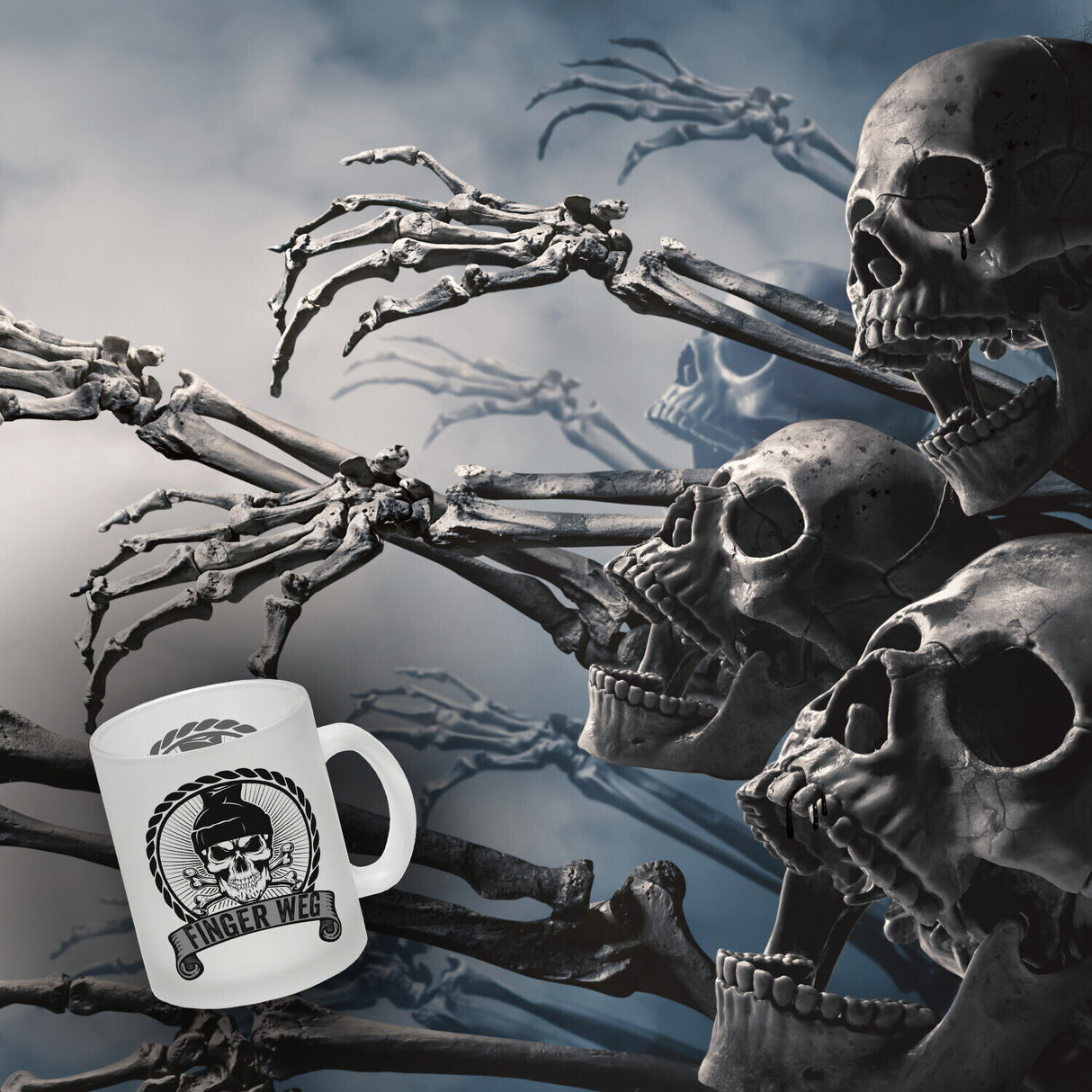 Totenkopf Finger Weg Kaffeebecher mit Banderole
