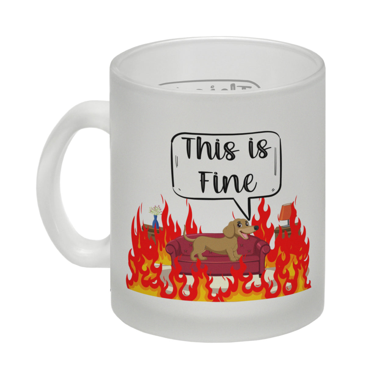 This is fine Kaffeebecher Hund in brennendem Wohnzimmer