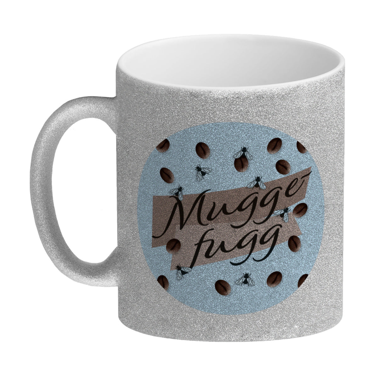 Muggefugg Malzkaffee Kaffeebecher mit Kaffeebohnen und Fliegen blau