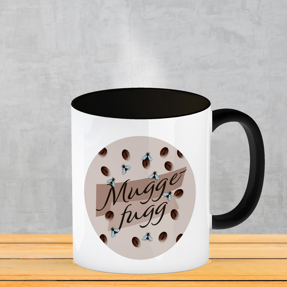 Muggefugg Malzkaffee Kaffeebecher mit Kaffeebohnen und Fliegen blau