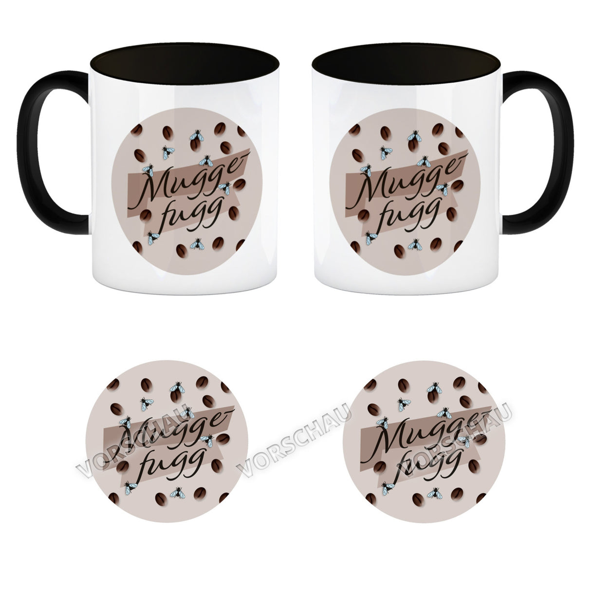 Muggefugg Malzkaffee Kaffeebecher mit Kaffeebohnen und Fliegen blau
