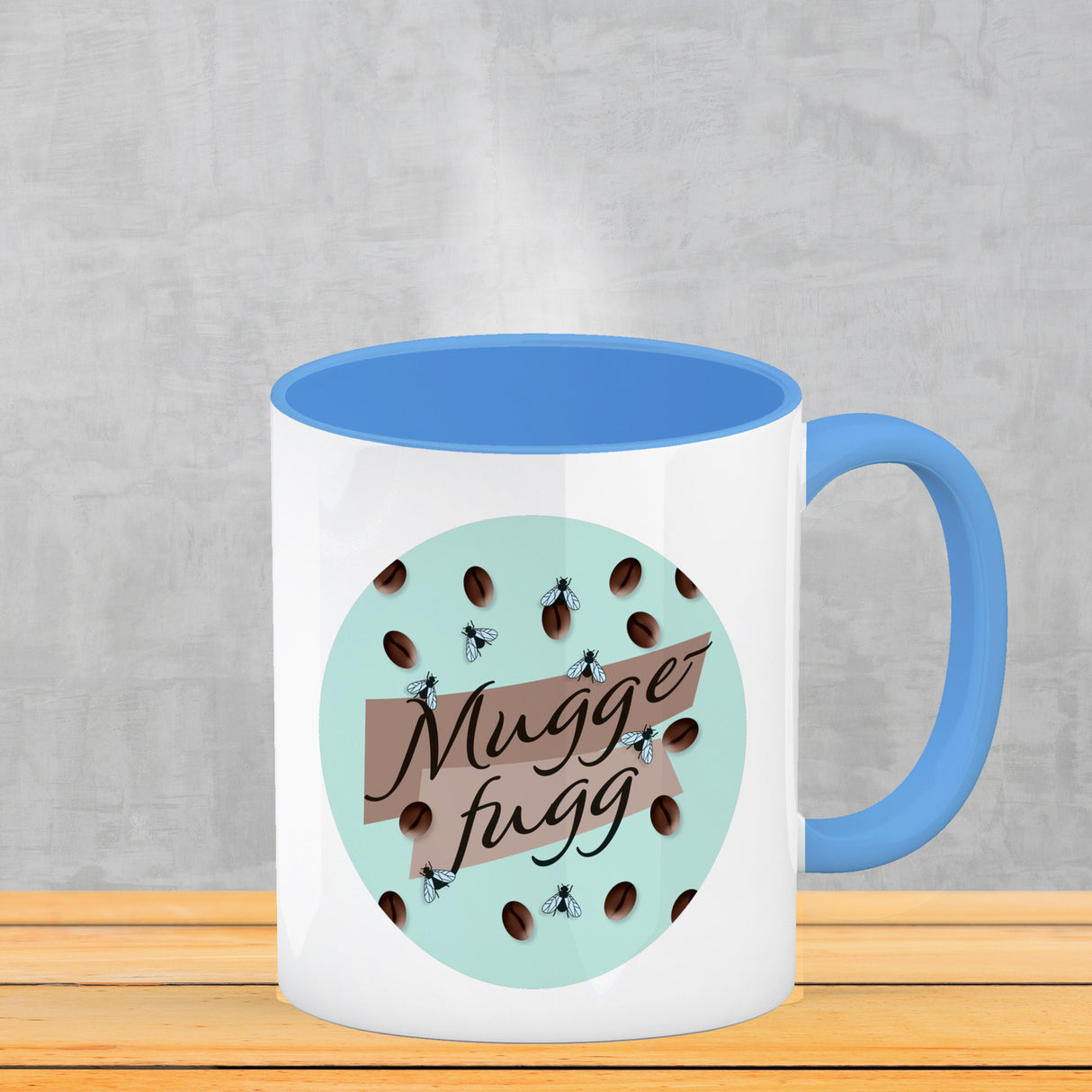 Muggefugg Malzkaffee Kaffeebecher mit Kaffeebohnen und Fliegen blau