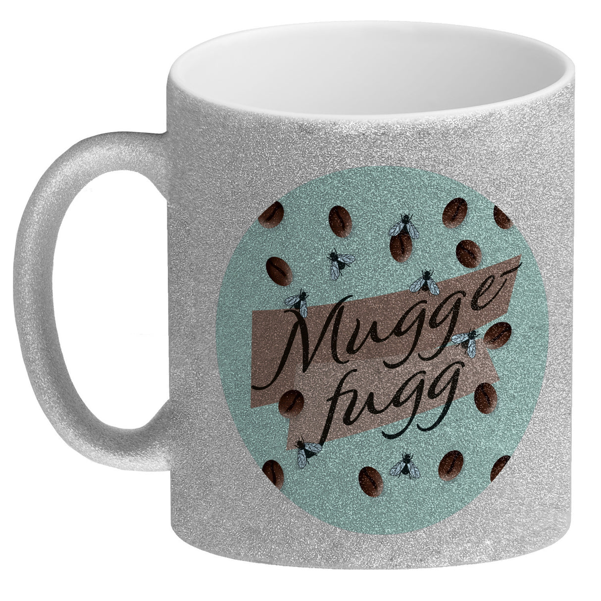 Muggefugg Malzkaffee Kaffeebecher mit Kaffeebohnen und Fliegen blau