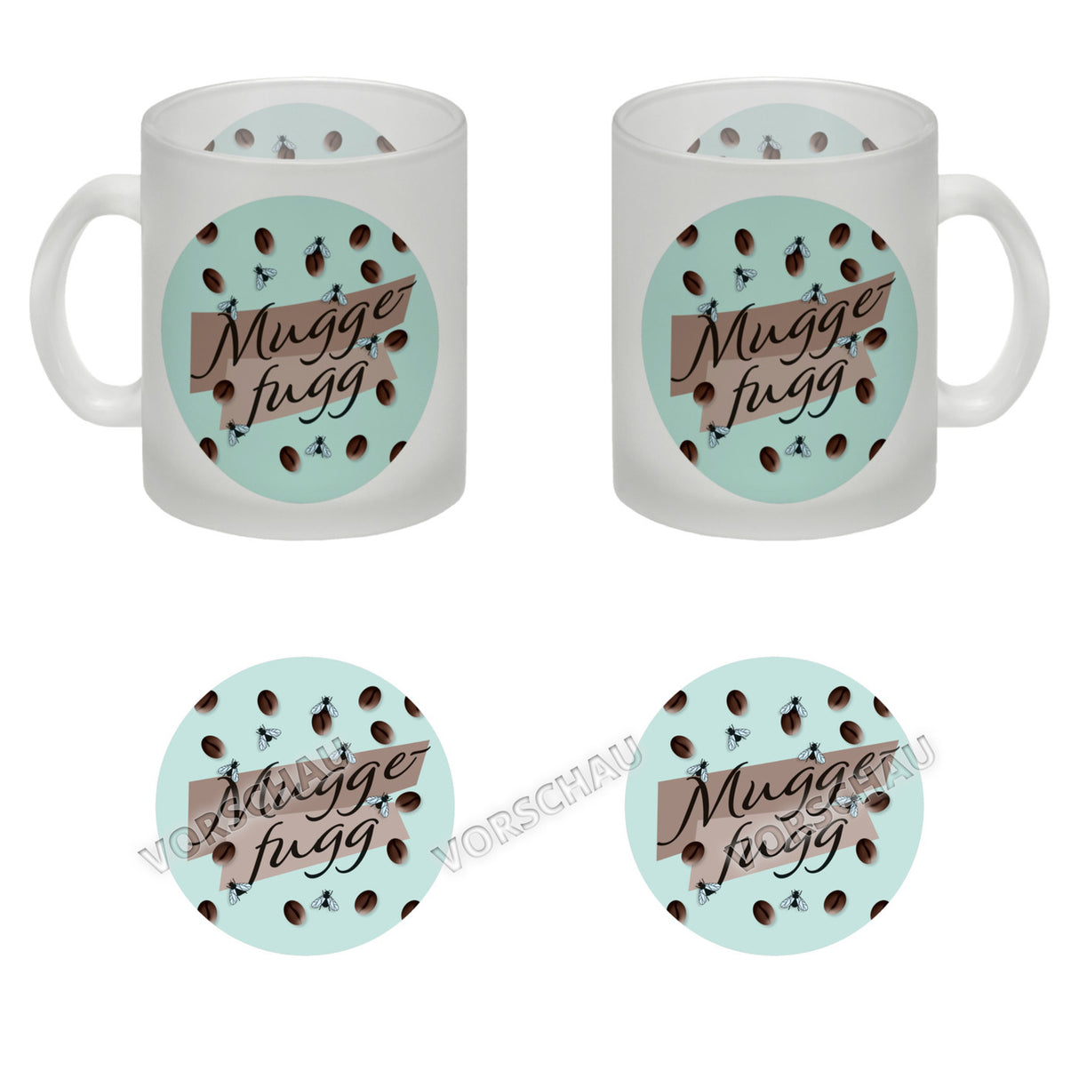 Muggefugg Malzkaffee Kaffeebecher mit Kaffeebohnen und Fliegen blau