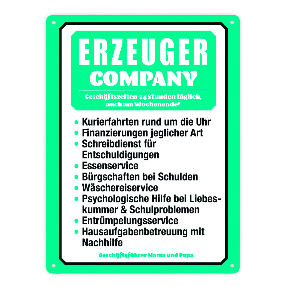 Erzeuger Company Metallschild in türkis für Eltern