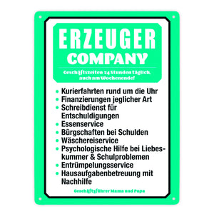 Erzeuger Company Metallschild in türkis für Eltern