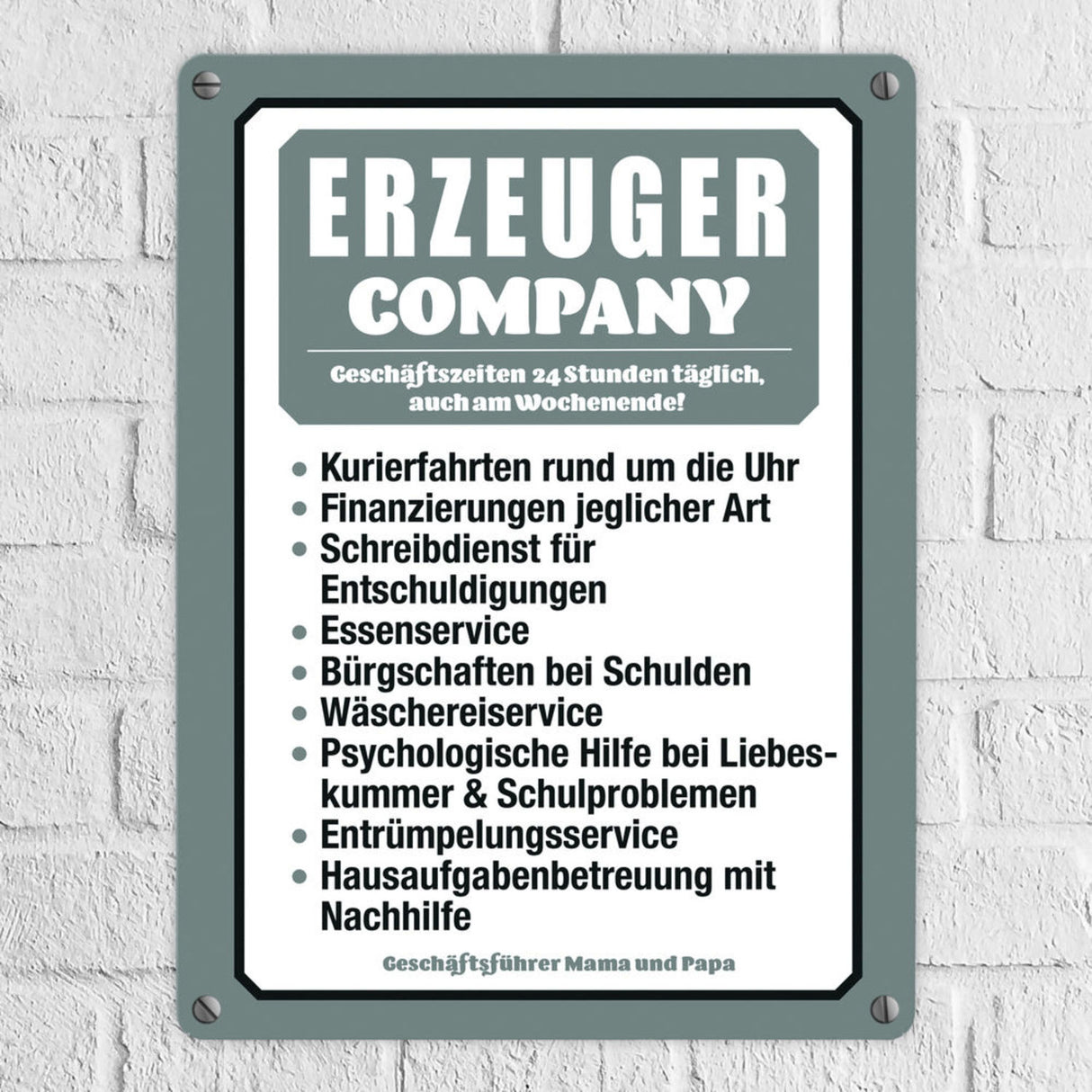 Erzeuger Company Metallschild in türkis für Eltern