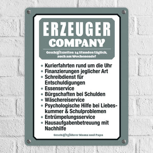 Erzeuger Company Metallschild in türkis für Eltern