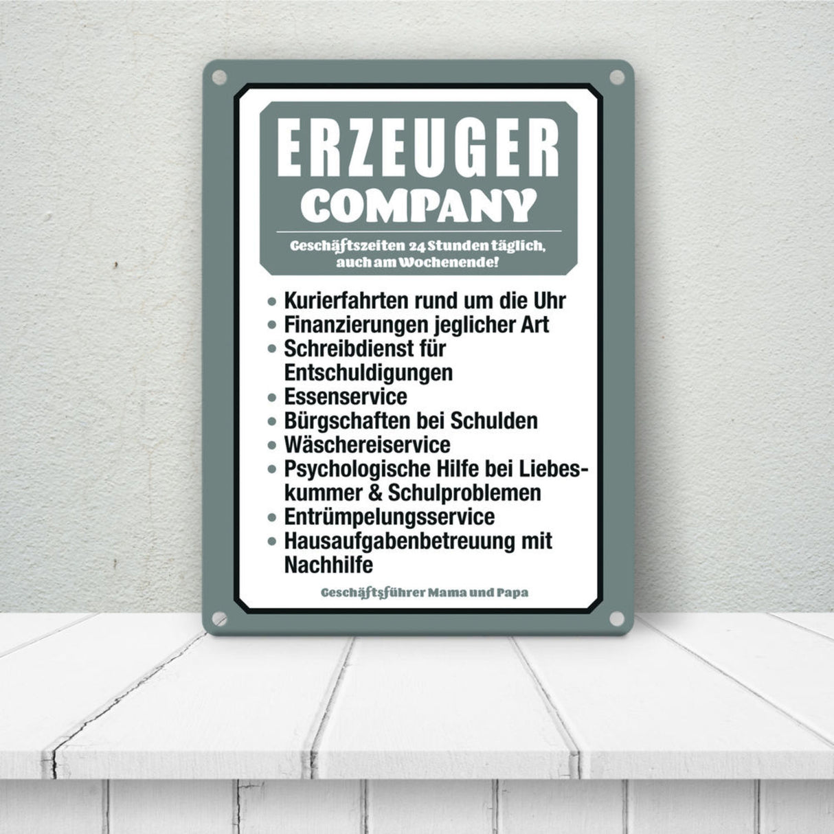 Erzeuger Company Metallschild in türkis für Eltern