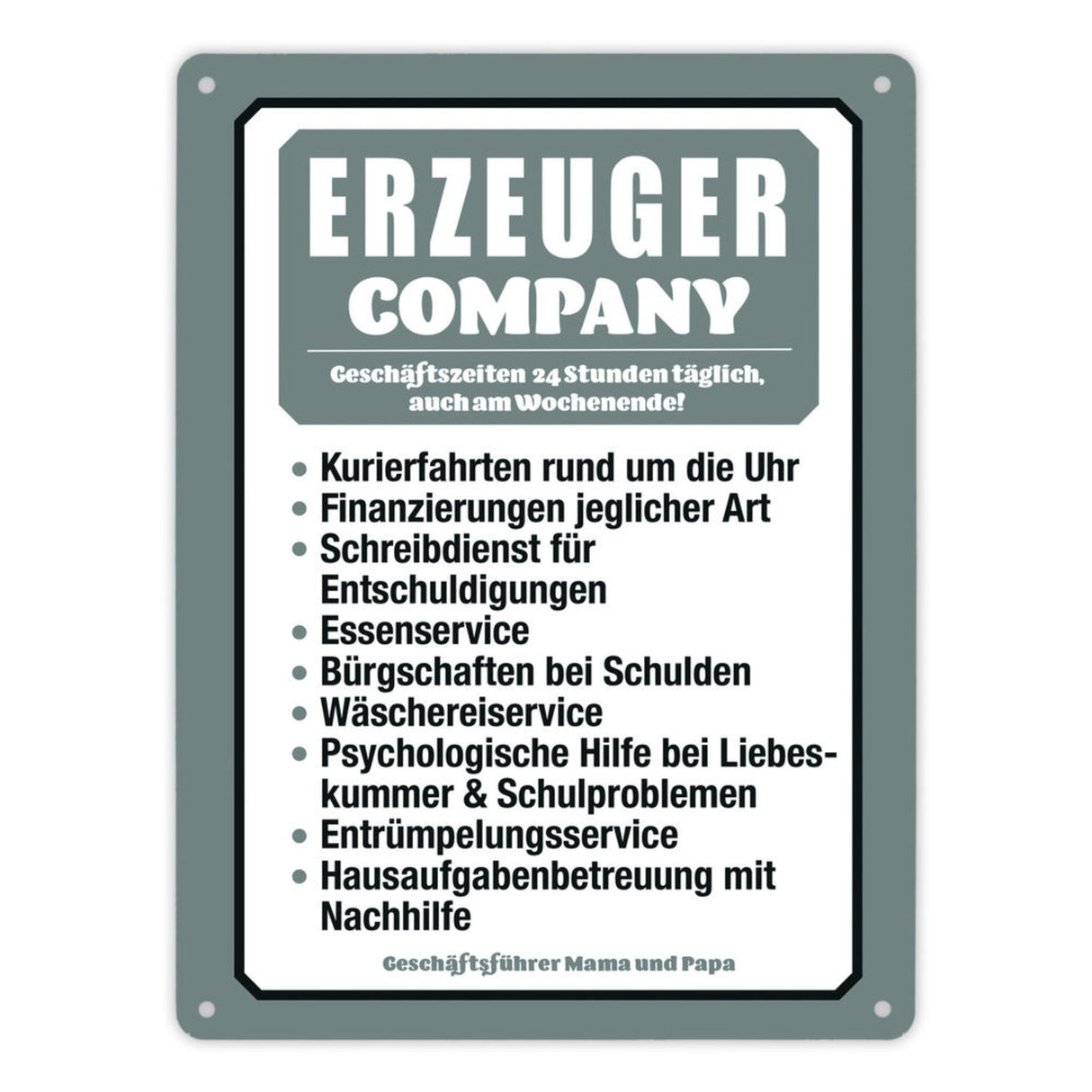 Erzeuger Company Metallschild in türkis für Eltern