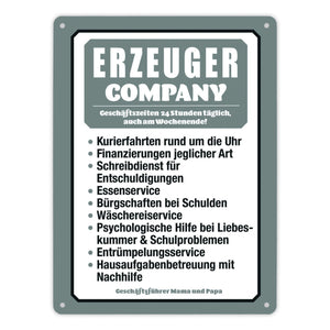 Erzeuger Company Metallschild in türkis für Eltern