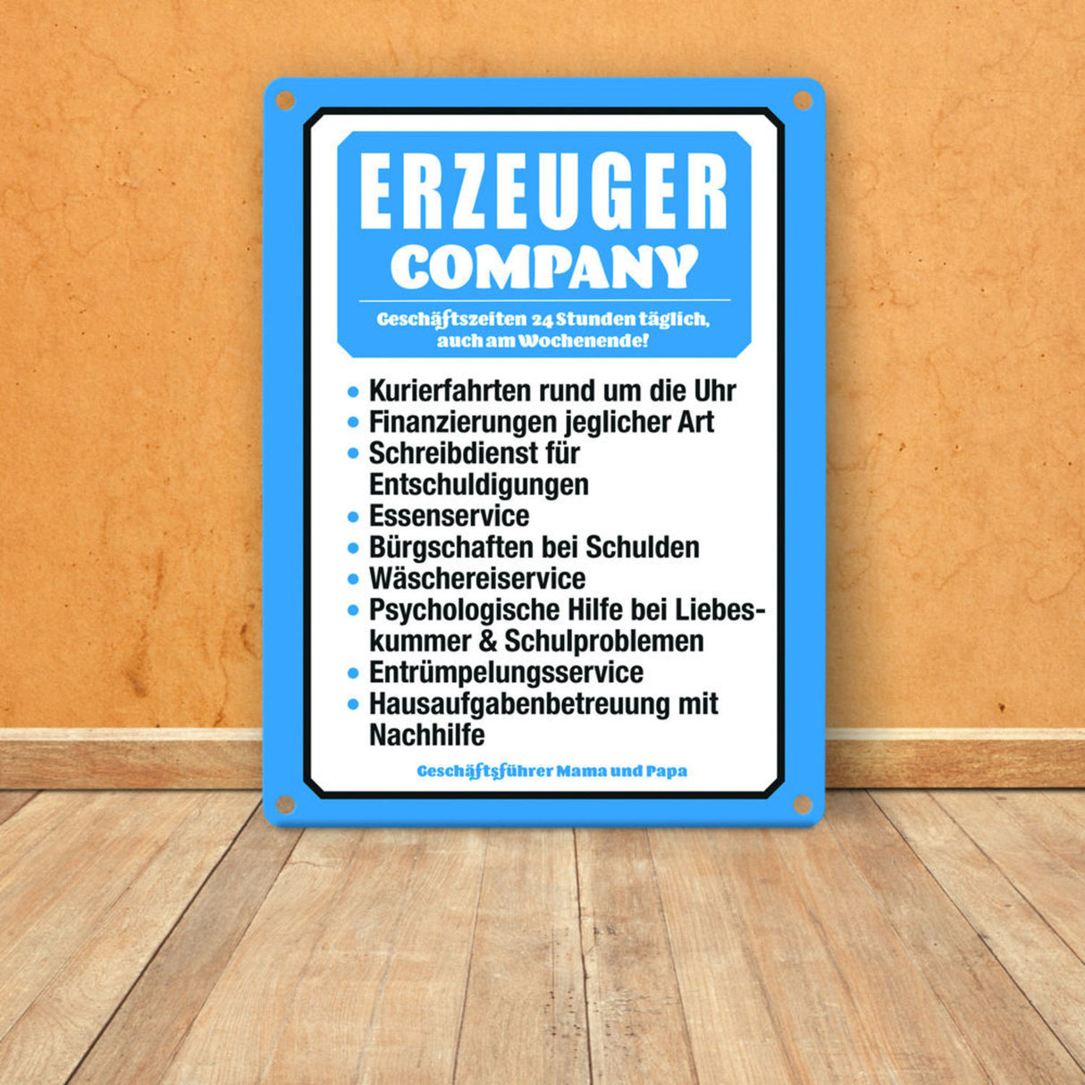 Erzeuger Company Metallschild in türkis für Eltern