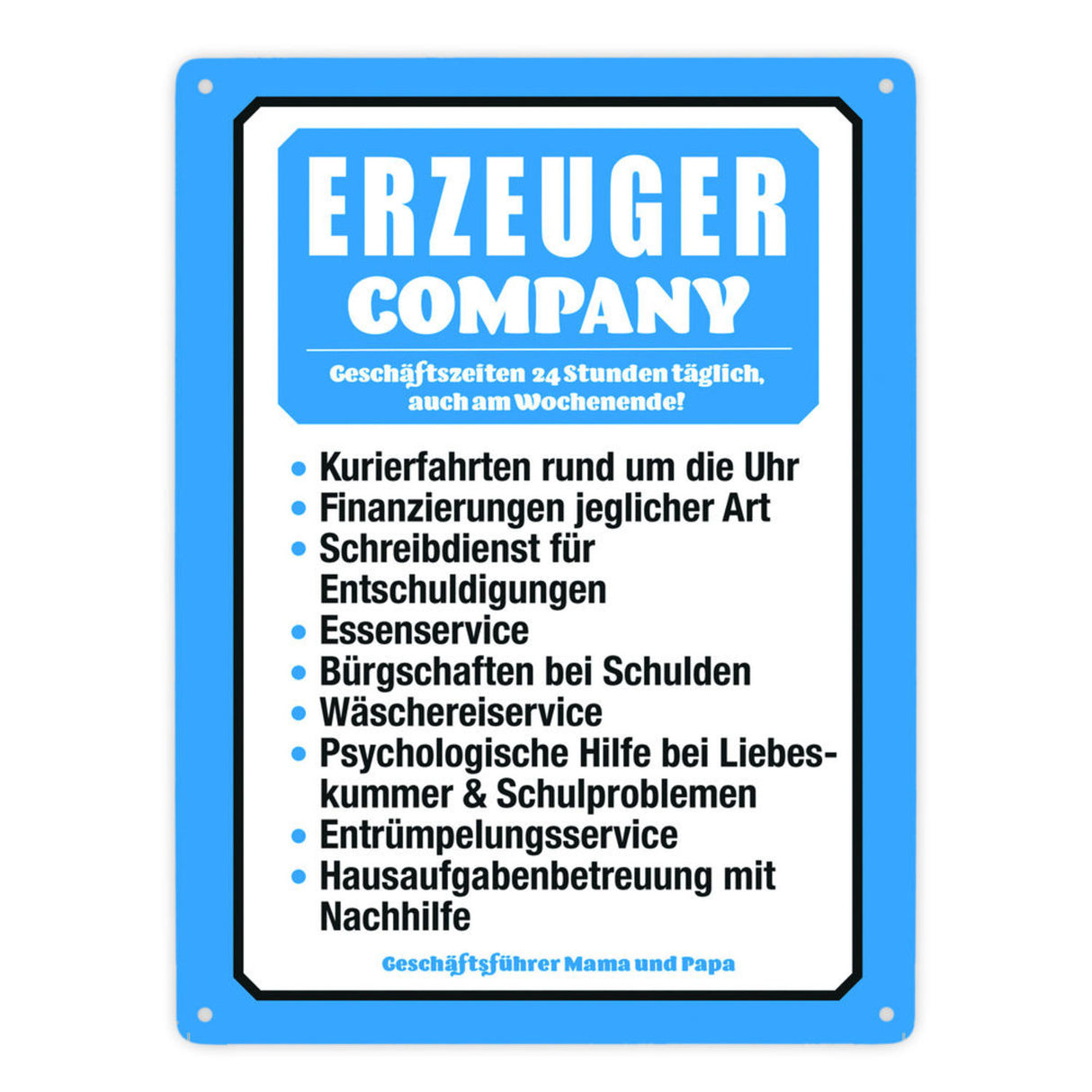 Erzeuger Company Metallschild in türkis für Eltern