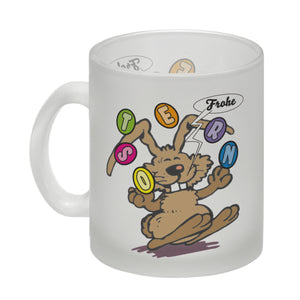 Frohe Ostern! Osterhase jongliert mit Ostereiern Kaffeebecher in {weiß}