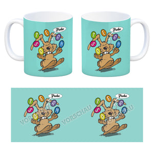 Frohe Ostern! Osterhase jongliert mit Ostereiern Kaffeebecher in {weiß}