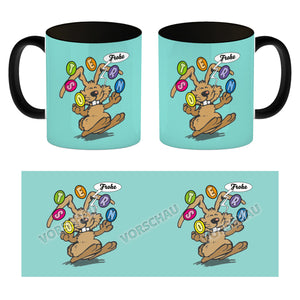 Frohe Ostern! Osterhase jongliert mit Ostereiern Kaffeebecher in {weiß}