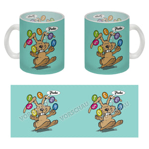 Frohe Ostern! Osterhase jongliert mit Ostereiern Kaffeebecher in {weiß}